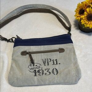 Vintage-Inspired Blue and Tan Crossbody Bag